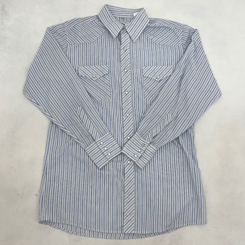 Corral West Ranchwear Mens Size L Button Up Shirt White Blue Striped Pearl‎ Snap